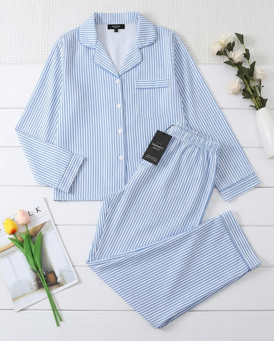 Mango Women's Night Suit Set, Sky Blue Stripe (Full Set)