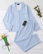 Mango Women's Night Suit Set, Sky Blue Stripe (Full Set)