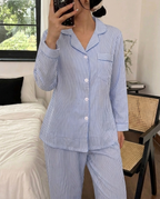 Mango Women's Night Suit Set, Sky Blue Stripe (Full Set)