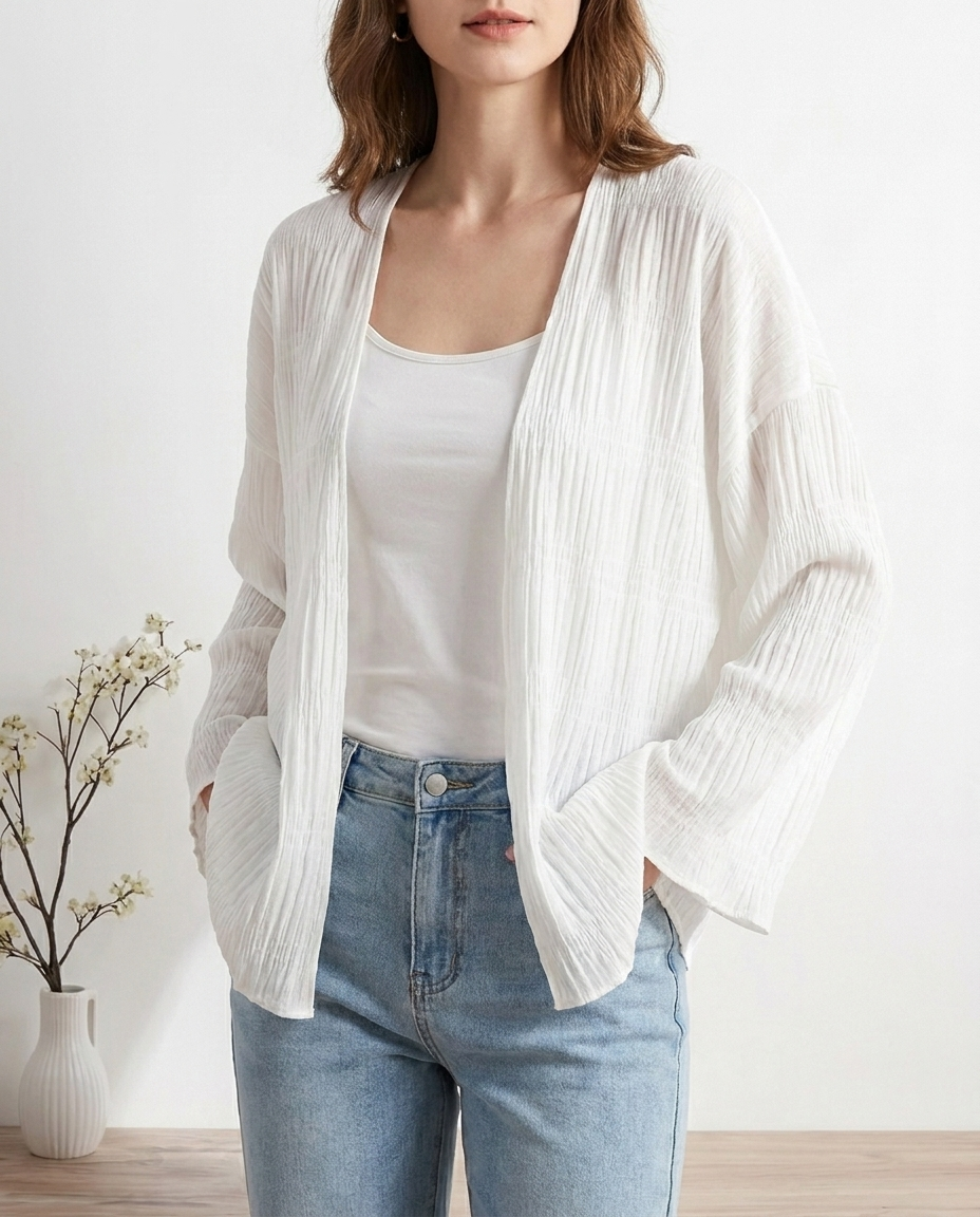 Lightweight Pleated Cardigan, White