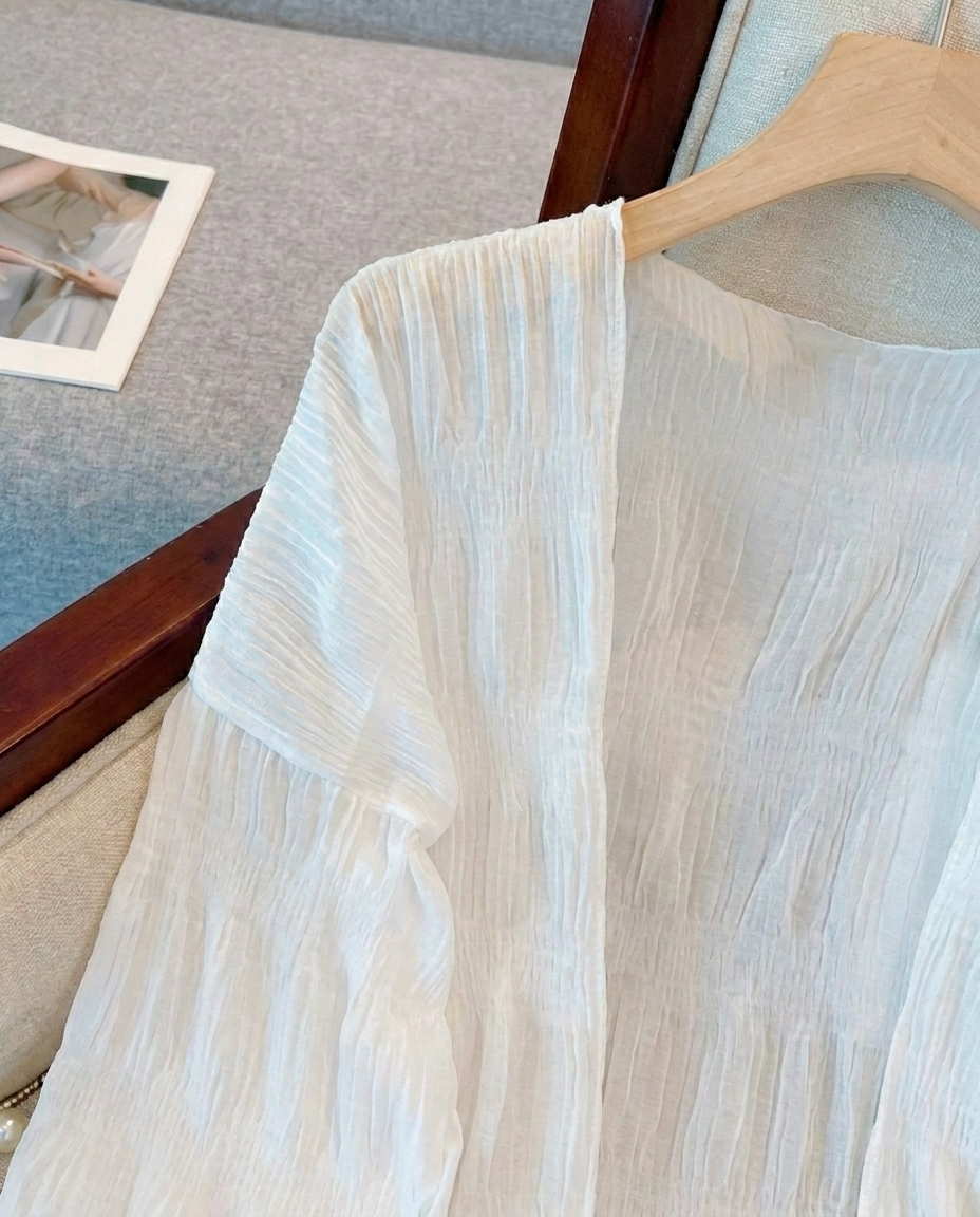 Lightweight Pleated Cardigan, White