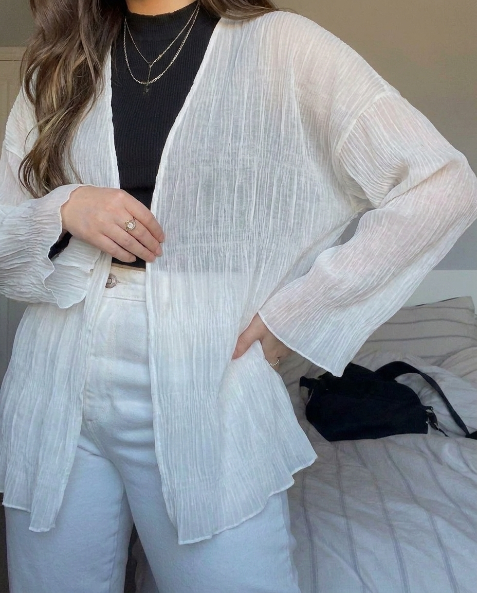 Lightweight Pleated Cardigan, White